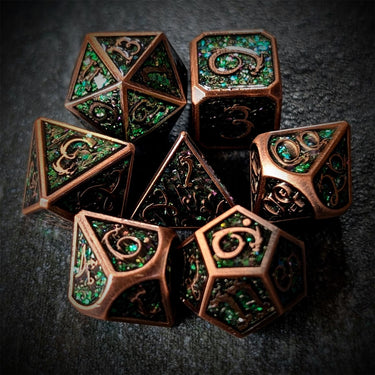 Glitter Pink Enamel in Copper Metal - 7pcs RPG Dice Set